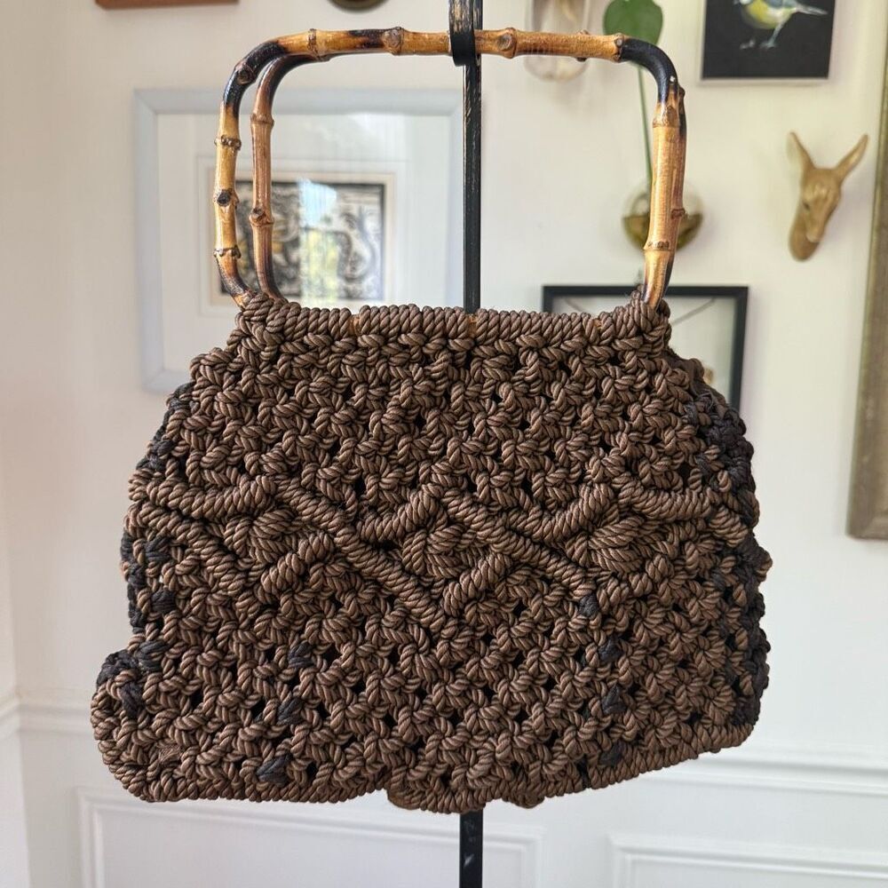 Vintage 70s Macrame Bamboo Handled Satchel Hand Bag Purse Brown - Picture 2 of 6
